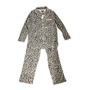 Ellen Tracy Leopard Print 2Pc Fleece Pajamas Super Soft Warm Comfy Gray
